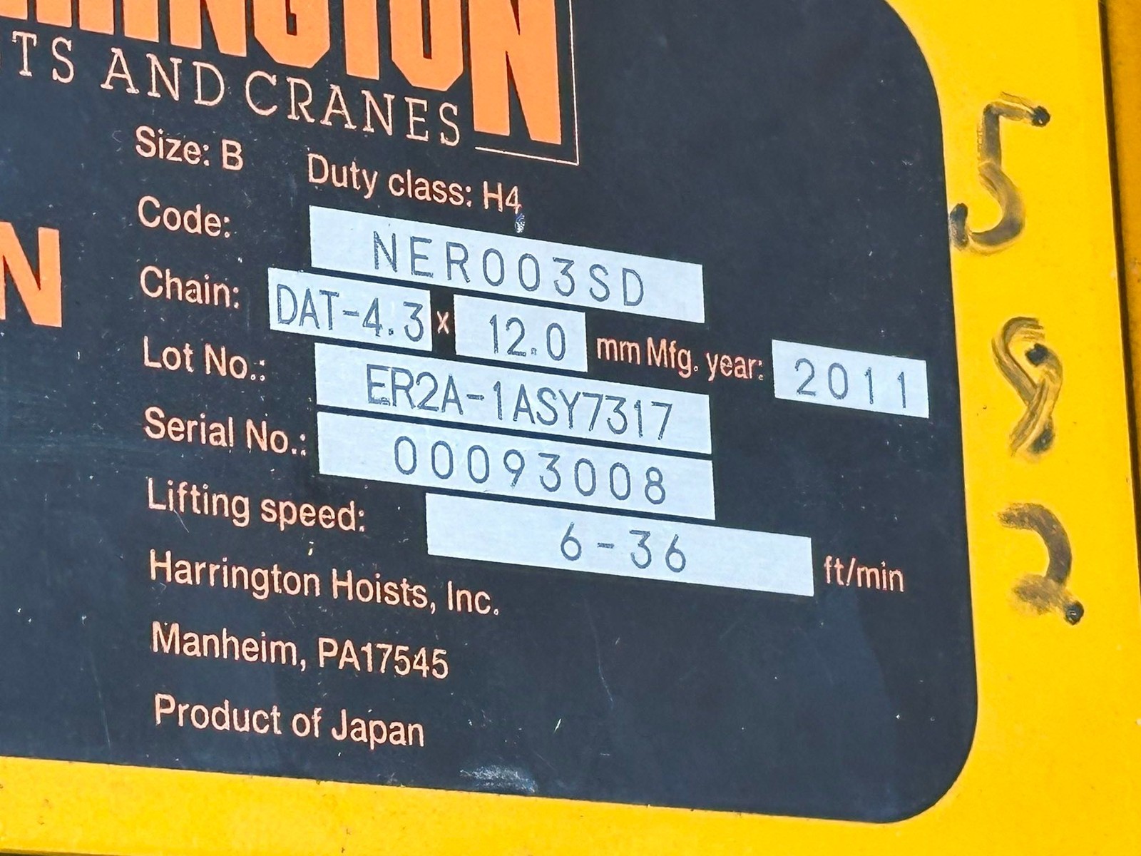 Harrington 1/4 Ton 500 lbs Electric Chain Crain Hoist NER003SD 3 Phase w/ Remote