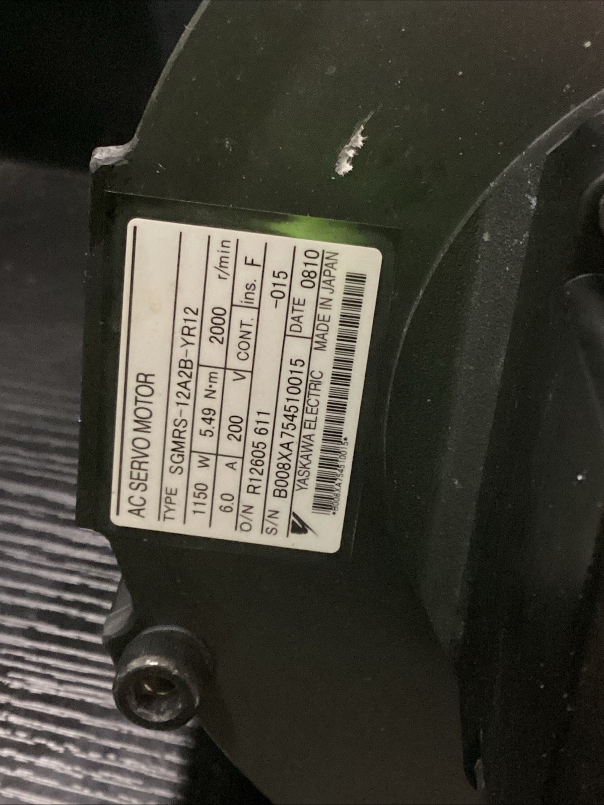 Yaskawa SGMRS-12A2B-YR12 AC Servo Motor 1150W 5.49 N•m 2000 r/min Used #1