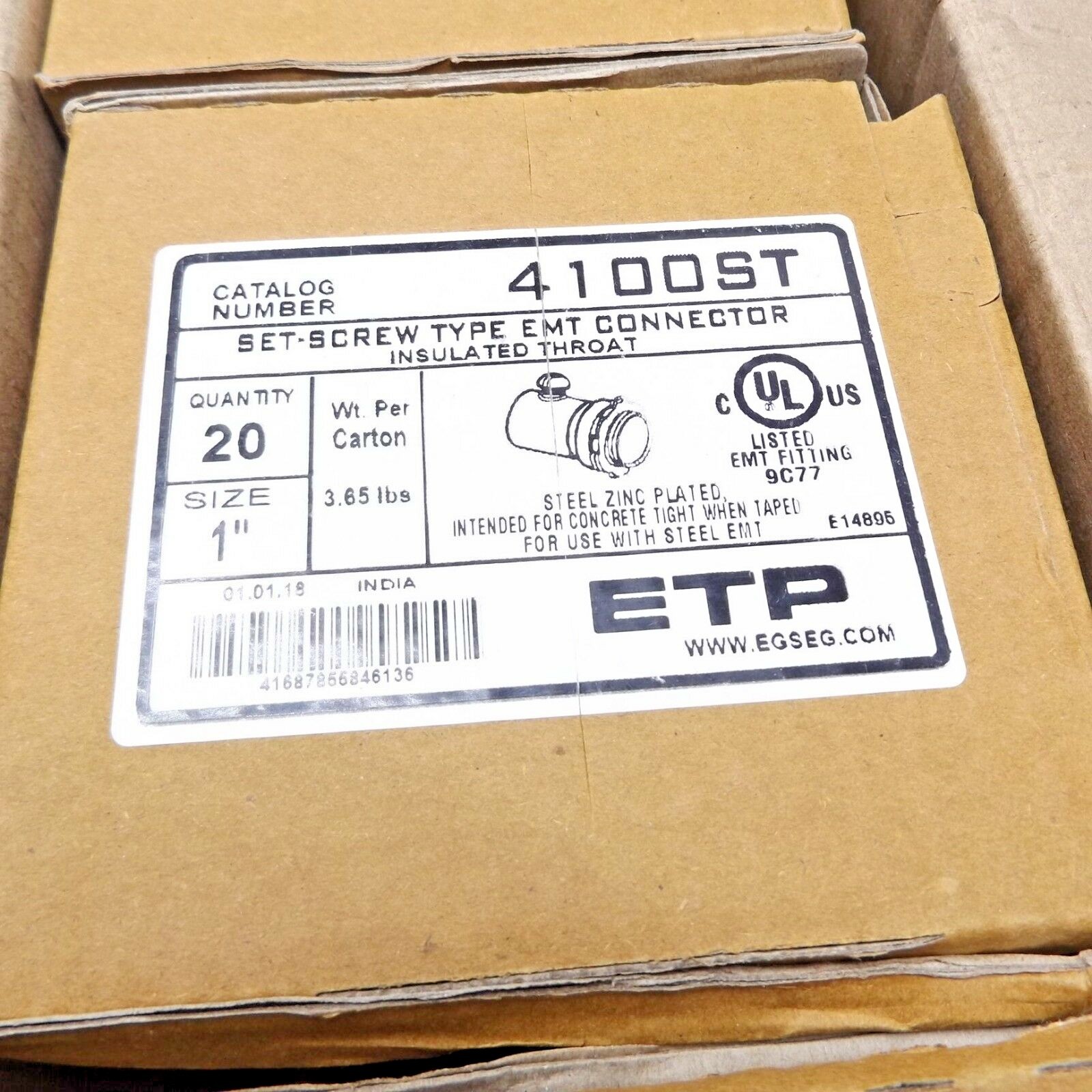 5 Boxes Of 20 = 100 ETP 4100ST 1″ Set Screw Type EMT Connector Insolated Throat