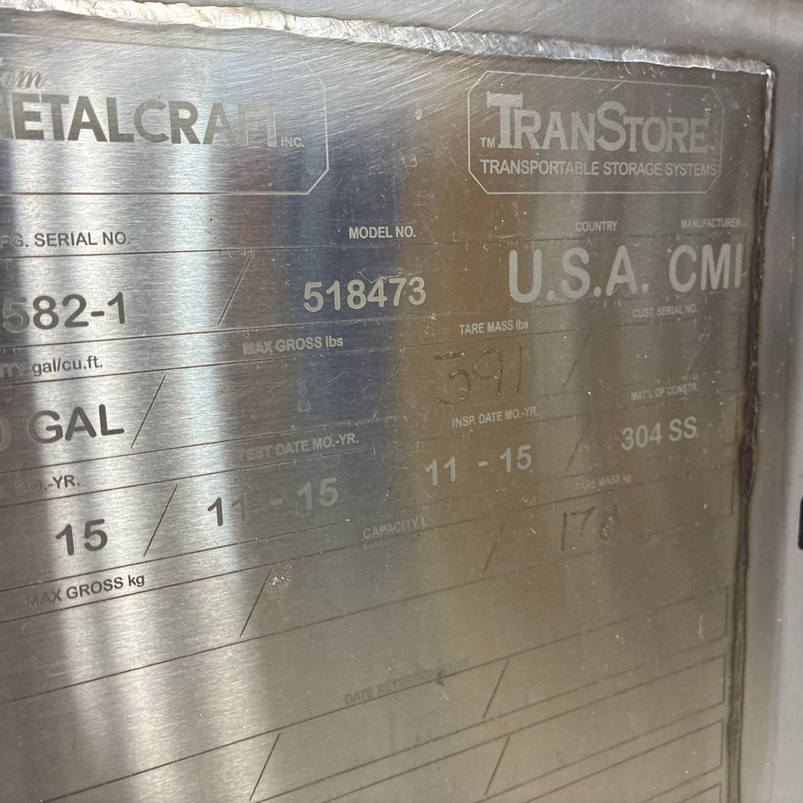 TranStore 250 Gallon 304 Stainless Steel Stackable IBC W/ Liquid Site Glass