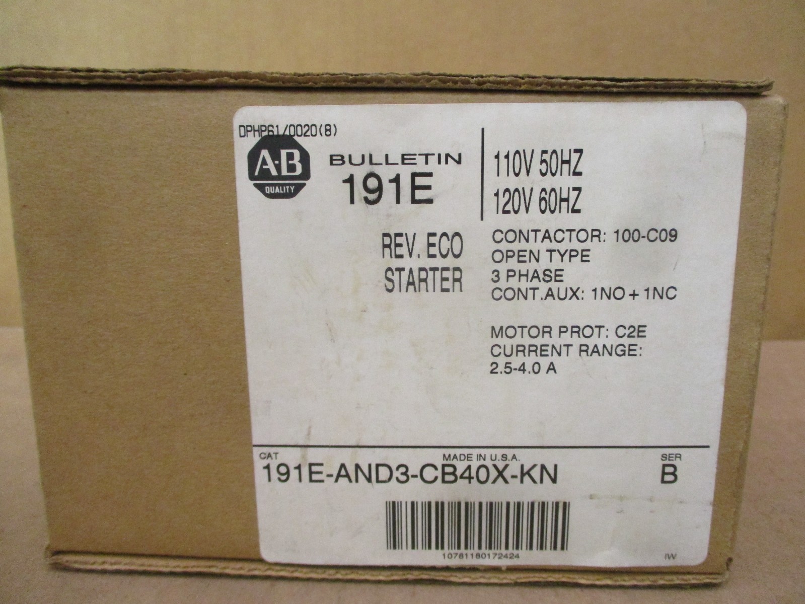 New Open Box Allen-Bradley 191E-AND3-CB40X-KN Contactor 100-C09 53084NADC