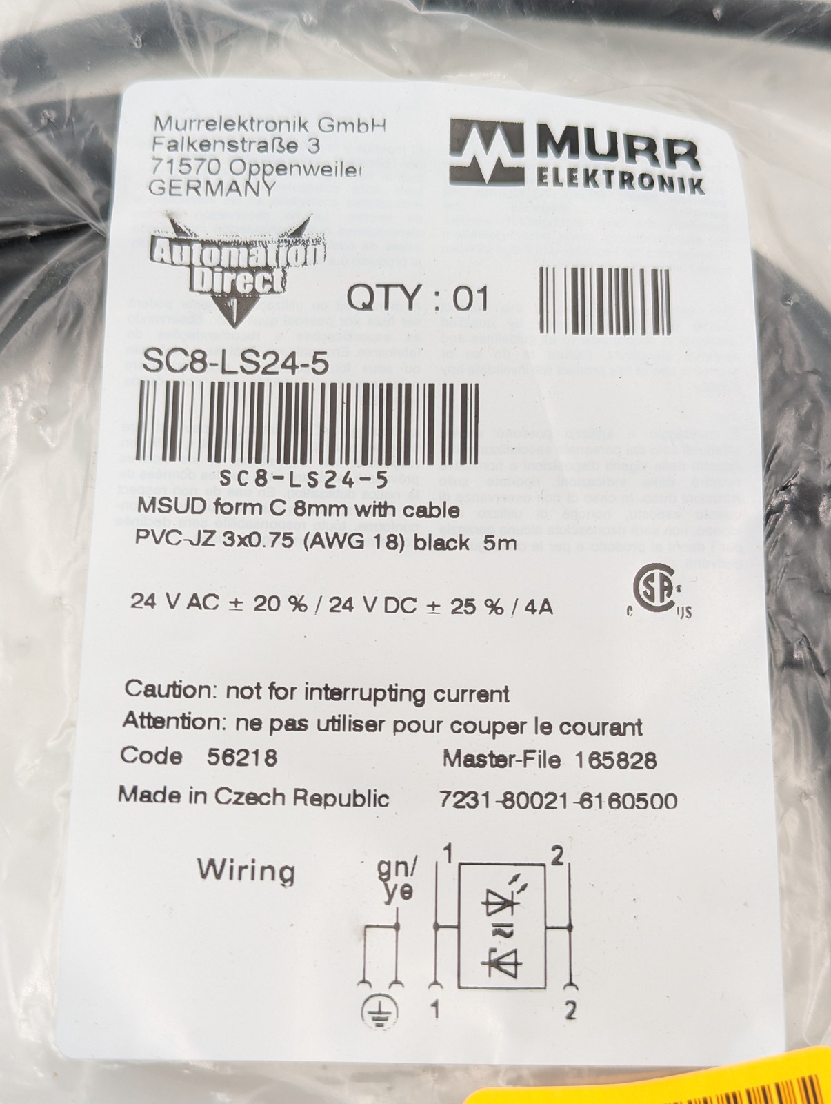 Murr Elektronik Solenoid Valve Cable (SC8-LS24-5) 8mm | Black