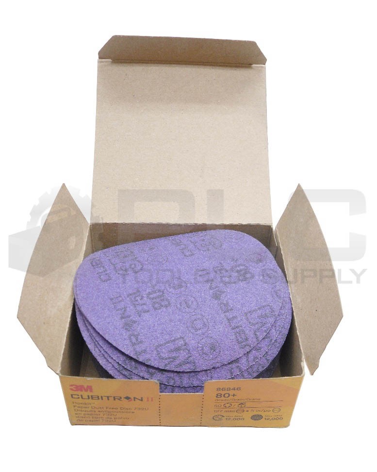 BOX OF 50 NEW 3M 86846 HOOKIT PAPER DUST FREE DISCS 732U, 80+ GRADE, 5″ DIA