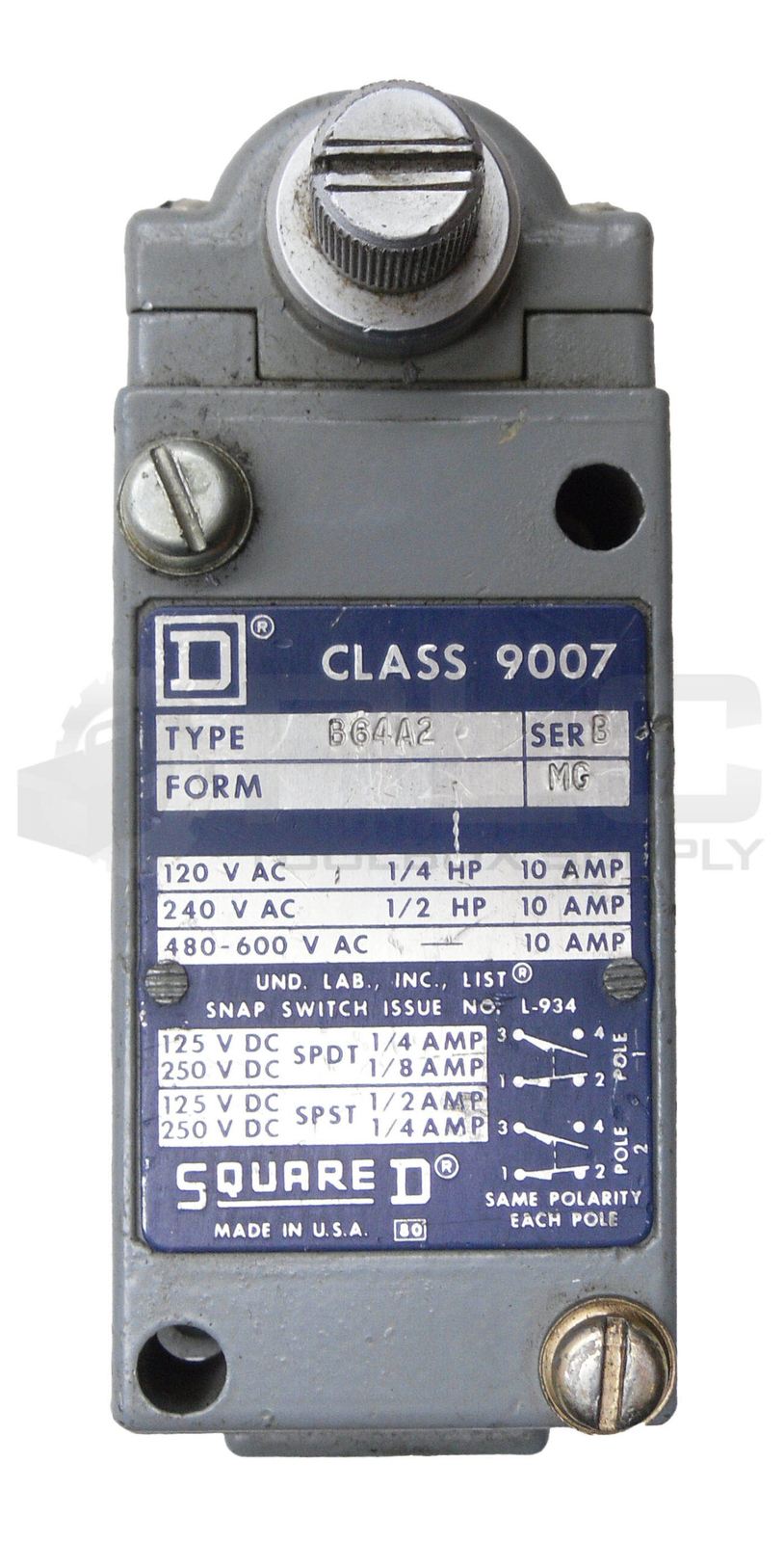 SQUARE D 9007 B64A2 /B LIMIT SWITCH 600VAC 10A 1/2HP