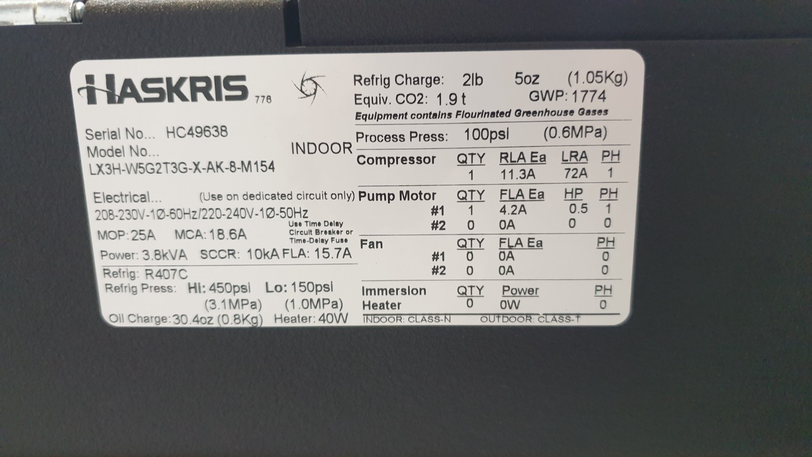 HASKRIS Temperature Control Chiller Unit Model LX3H-W5G2T3G-X-AK-8-M154 (R407C)