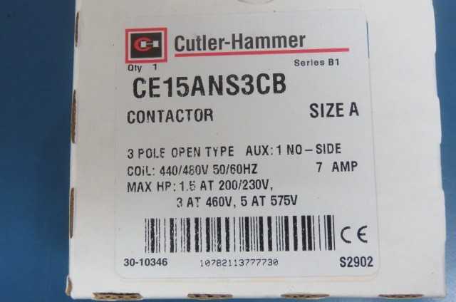 CUTLER CE15ANS3CB Qty of 1 per Lot CONTACTOR: SERIES B1 – Size A 3 POLE OPEN