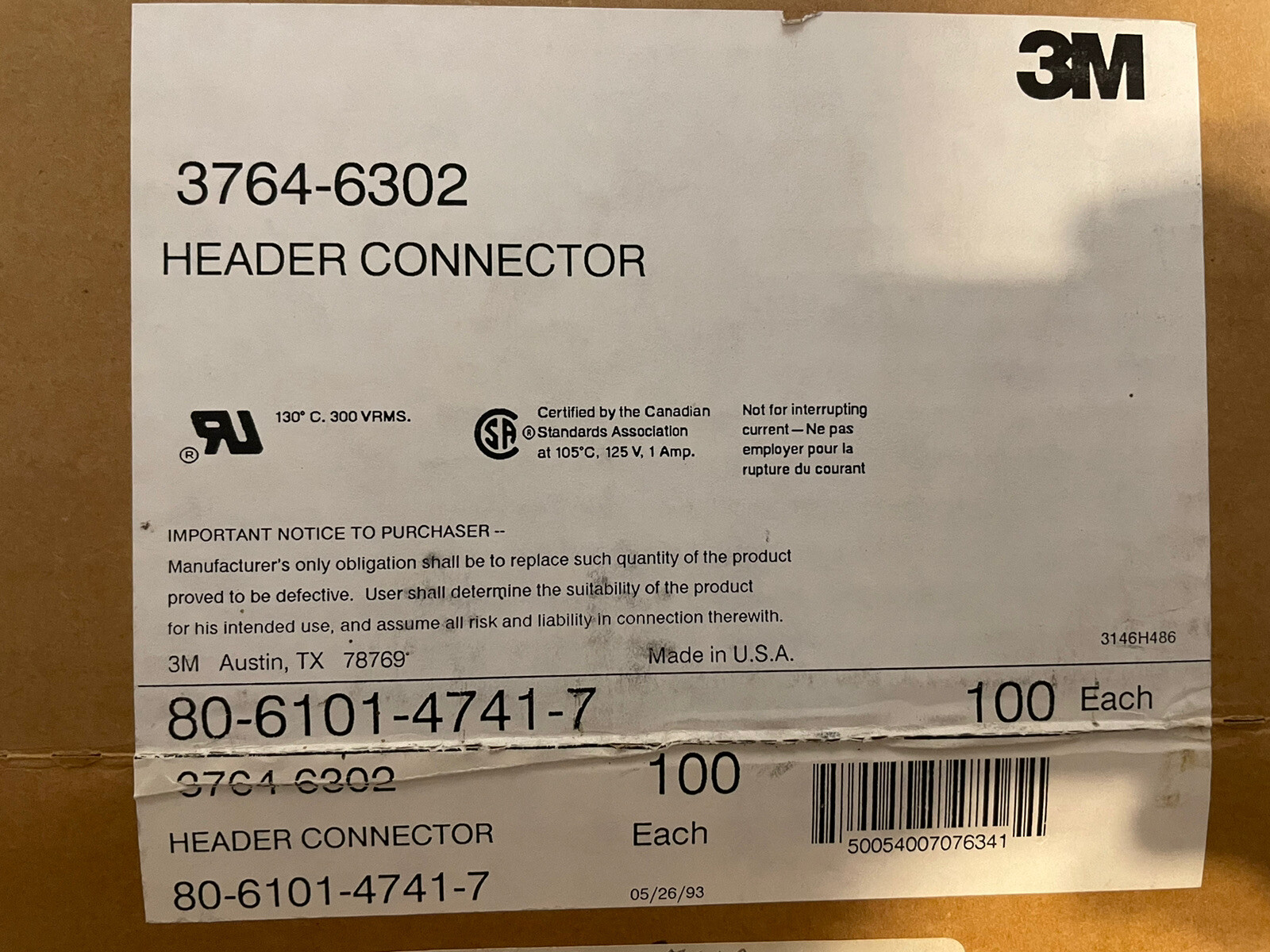 3M 3764-6302 Pin Header Connector Lot 100 PCB Board Connectors New