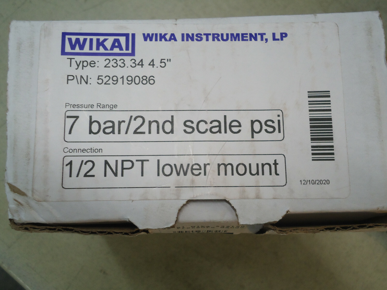 Wika Pressure Gauge 233.34 4-1/2″ 7 bar/2nd Scale PSI 1/2 NPT Lower Mount