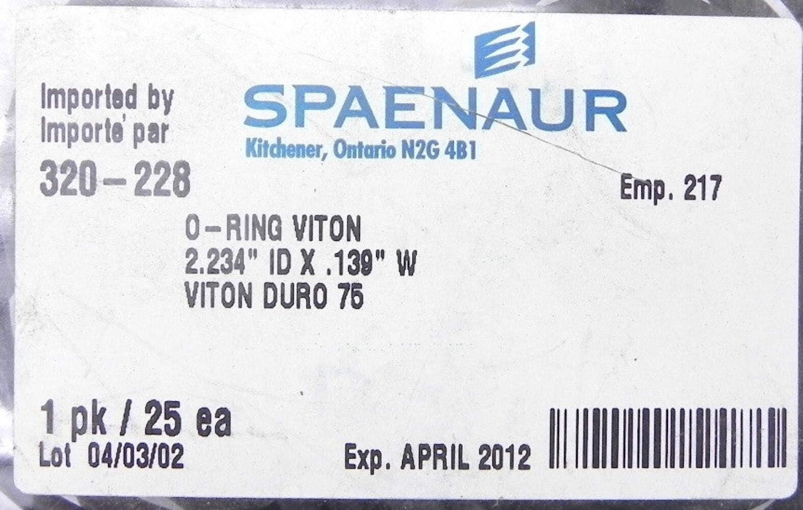 Spaenaur O Ring Viton 75 Duro Black 320-228 (25 Pcs)