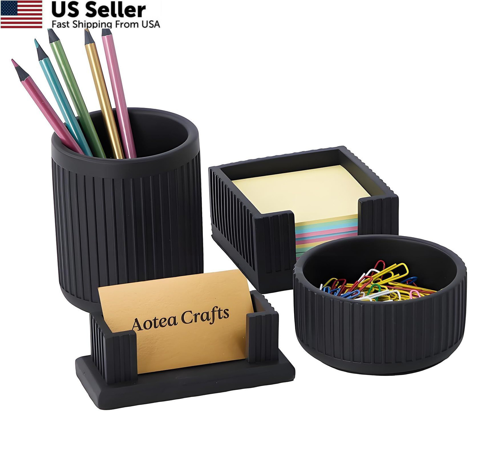 Set of 4 – Concrete Desk Accessories For Modern, Industrial, Charcoal Black