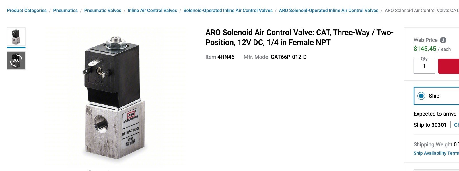 ARO CAT66P-012-D Solenoid Air Con Valve,Three-Way,150 psi 4HN46
