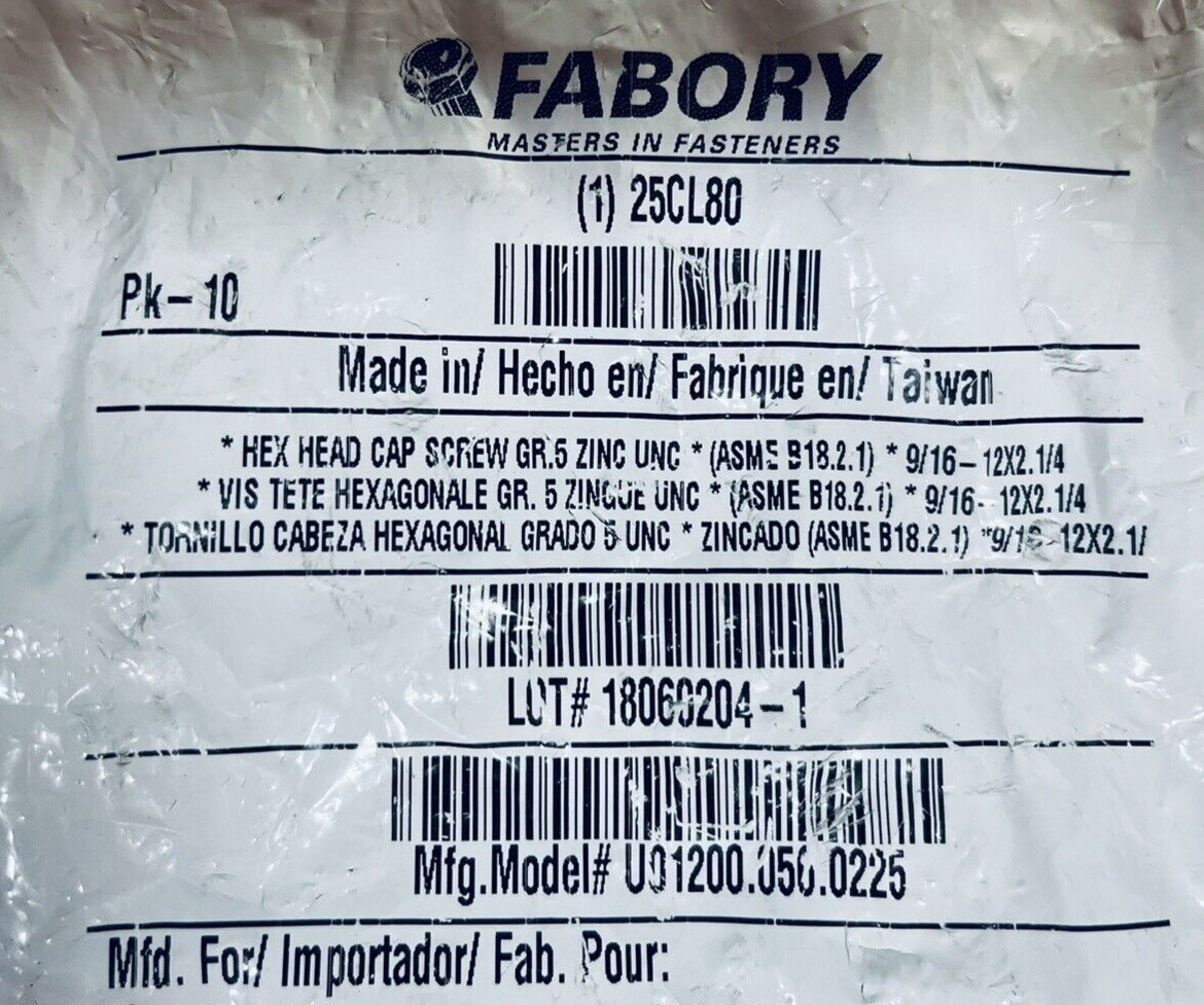 LOT OF 10 UNUSED FABORY U01200.056.0225 HEX HEAD CAP SCREW 9/16″-12×2.1/4 ZINC