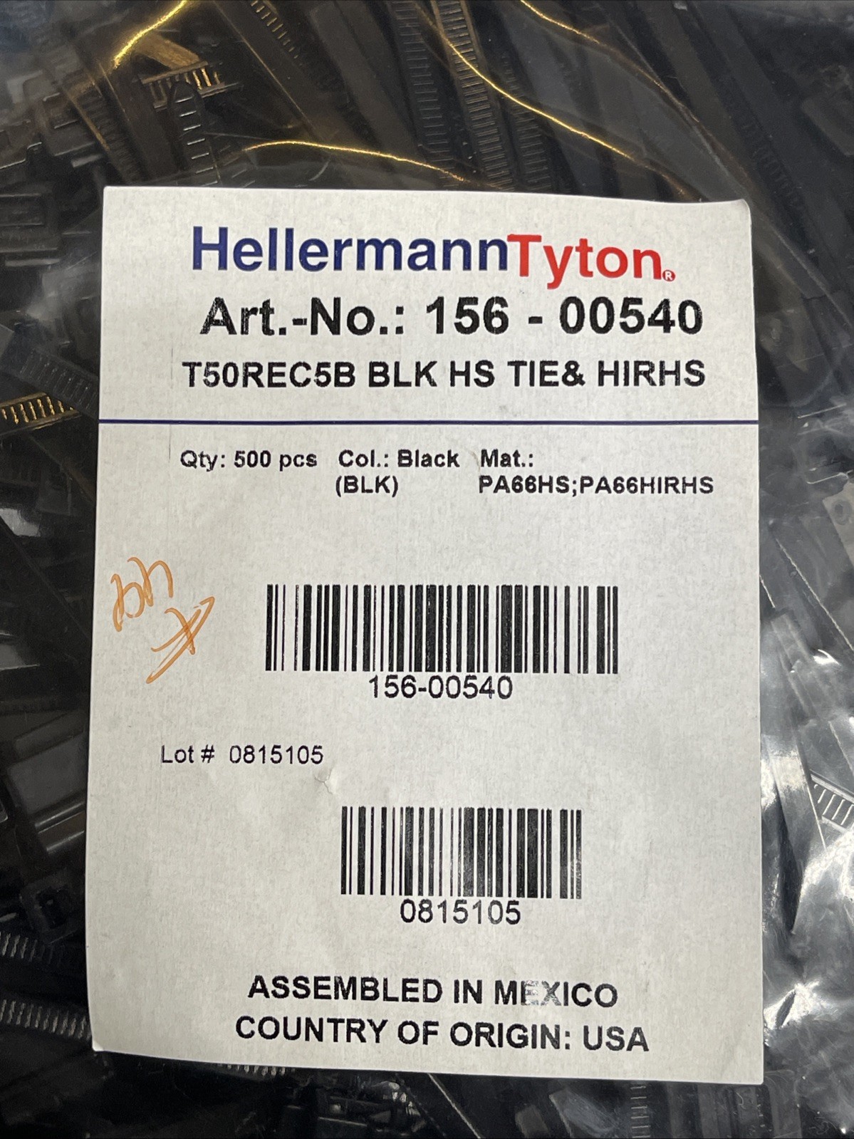 HELLERMANNTYTON 156-00540. Bag Of 500. T50REC5B BLK HS Tie & Hirhs. Sealed Bag.