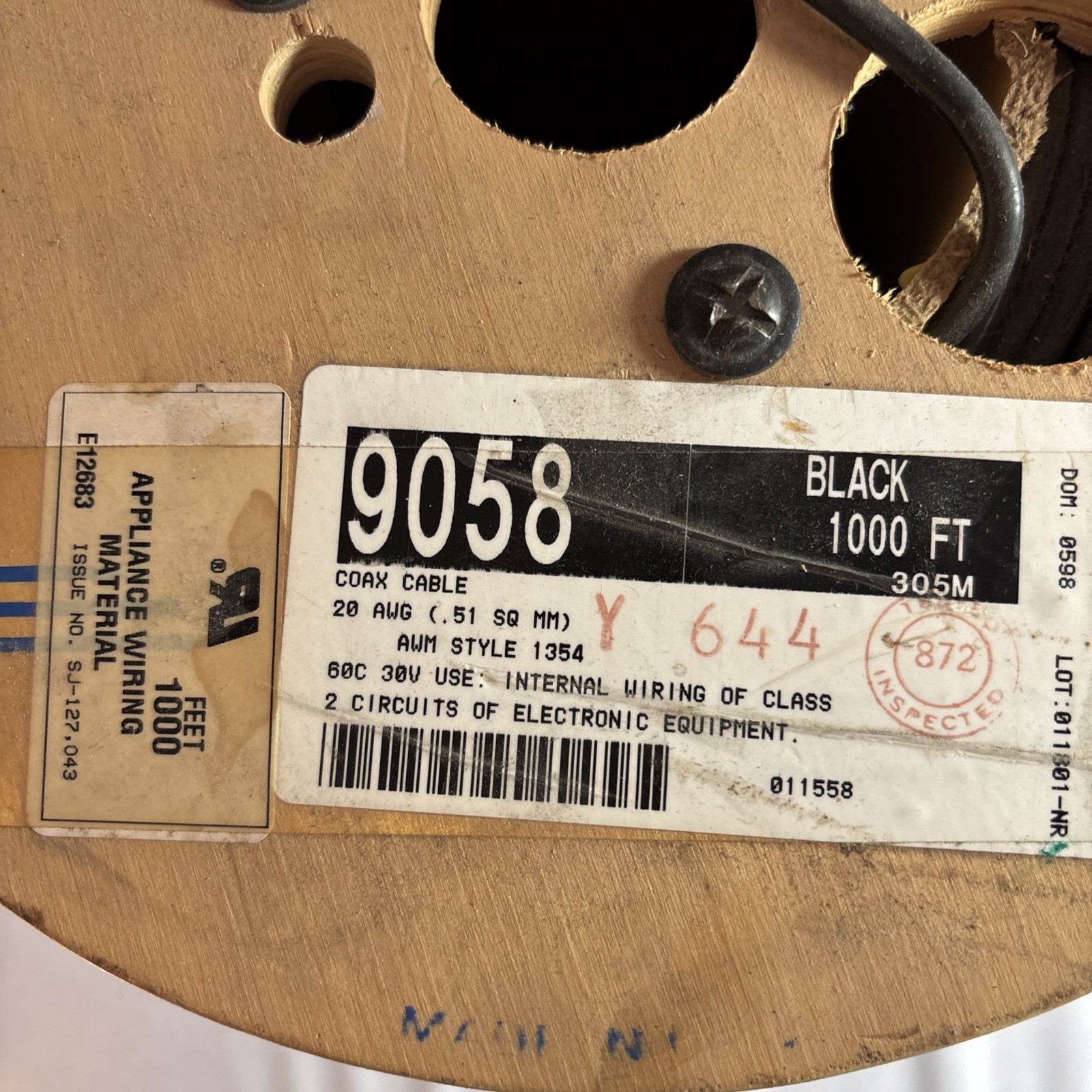 ALPHA WIRE Wiring Material Black 9058 Coax RG 58 Cable Partial Spool 20 AWG