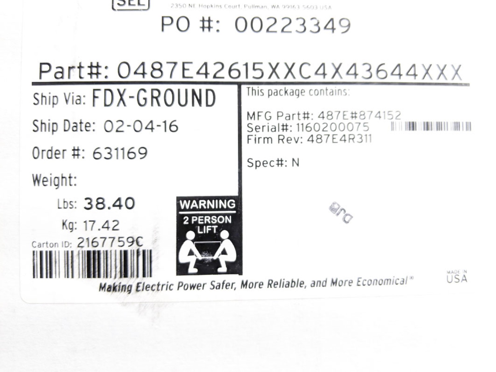 SEL SEL-487E 0487E42615XXC4X43644XXX NSMP