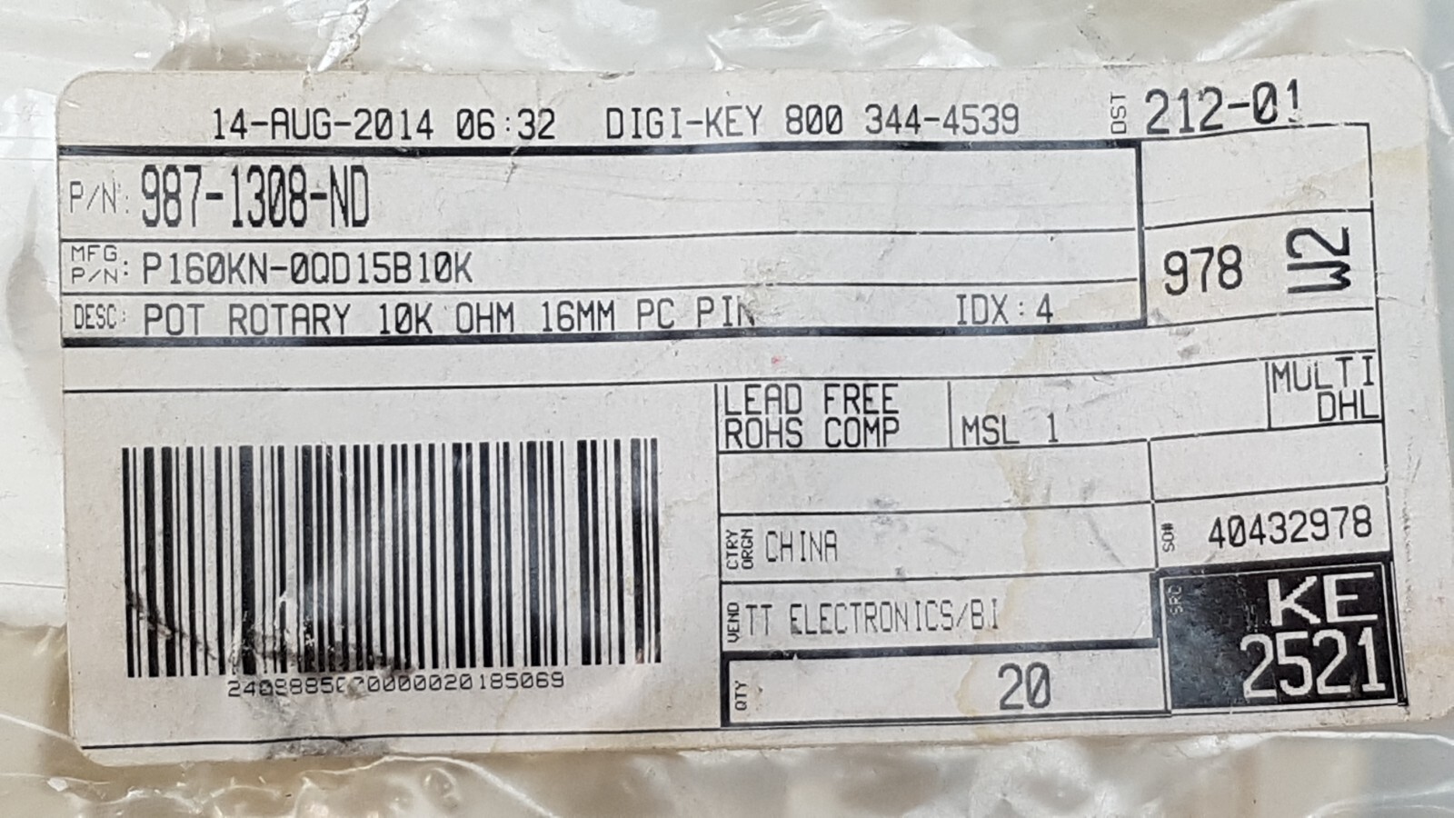 BI TECHNOLOGIES, TT ELECTRONICS P160KN-0QD15B10K POT ROTARY 10K OHM 16MM PC PIN