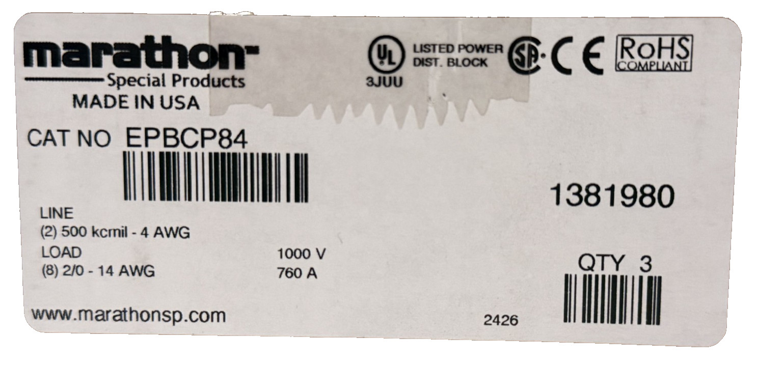 BOX OF 3 NEW MARATHON EPBCP84 POWER DISTRIBUTION BLOCKS THERMOPLASTIC INSULATOR