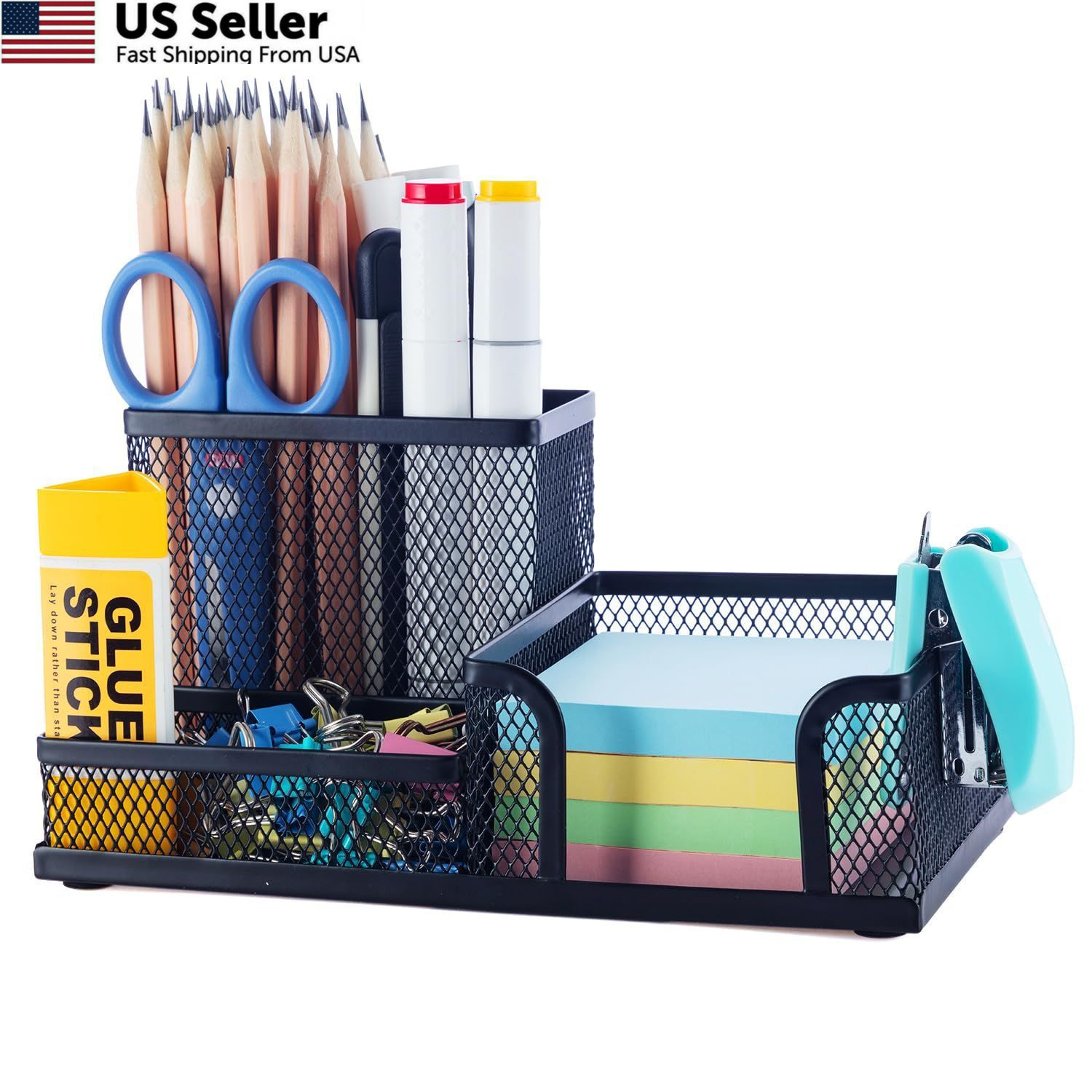 3-Compartment Mesh Pen Holder Desk Organizer Metal Pencil Cup Sticky Note Black