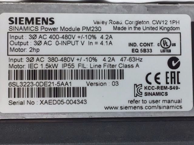 SIEMENS SINAMICS G120 PM230 6SL32230DE215AA1 Power Module FSA – FSC IP55 1.5kW