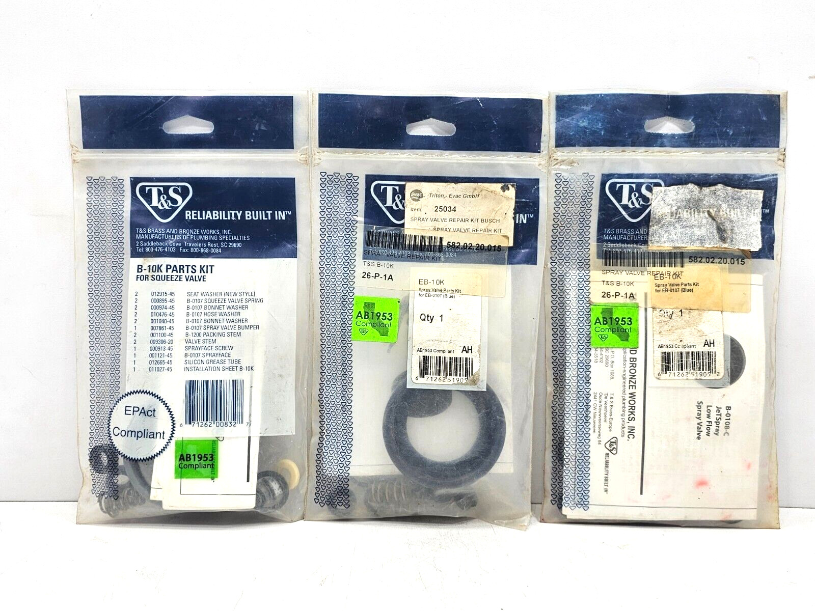 B-10K PARTS KIT FOR EB-0107 SPRAY VALVES T&S BRASS LOT OF 3