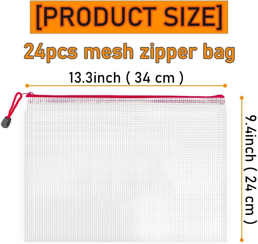 24Pcs Zipper File Bags, 13.3”x9.4” Plastic Mesh Pouch Assorted Color