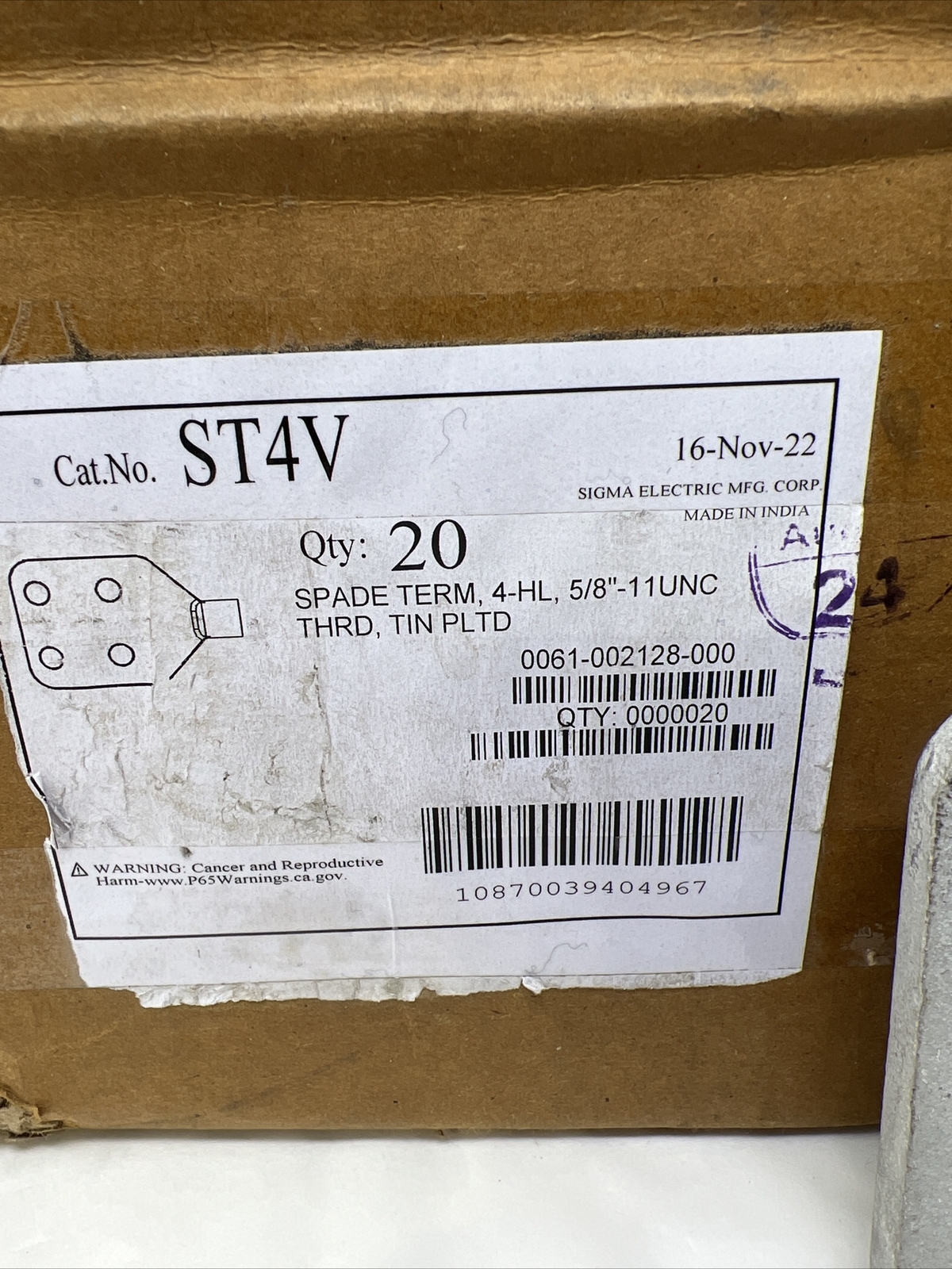 Sigma Electric ST4V Spade Term, 4-HL, 5/8”-11 UNC, Tin Plated Transformer Spade