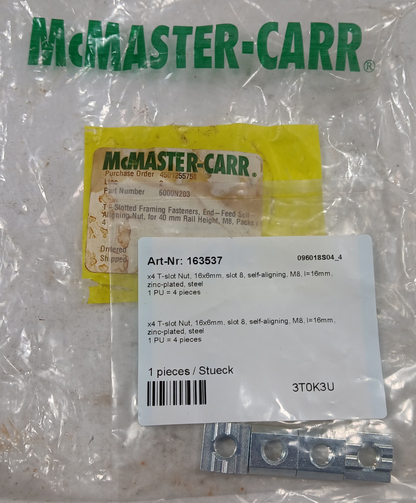 1 NEW MCMASTER-CARR 6000N203 T- SLOTTED FRAMING FASTENERS (PK4) NNB *MAKE OFFER*