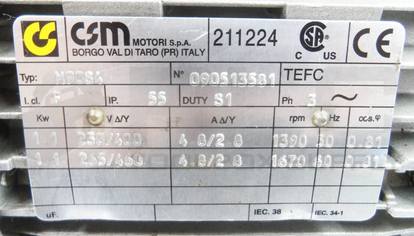 CSM MOTORI M90S4 MOTOR 1.1KW 3PH 230/400-265/460V 4.8/2.8A 1390-1670RPM 50/60HZ