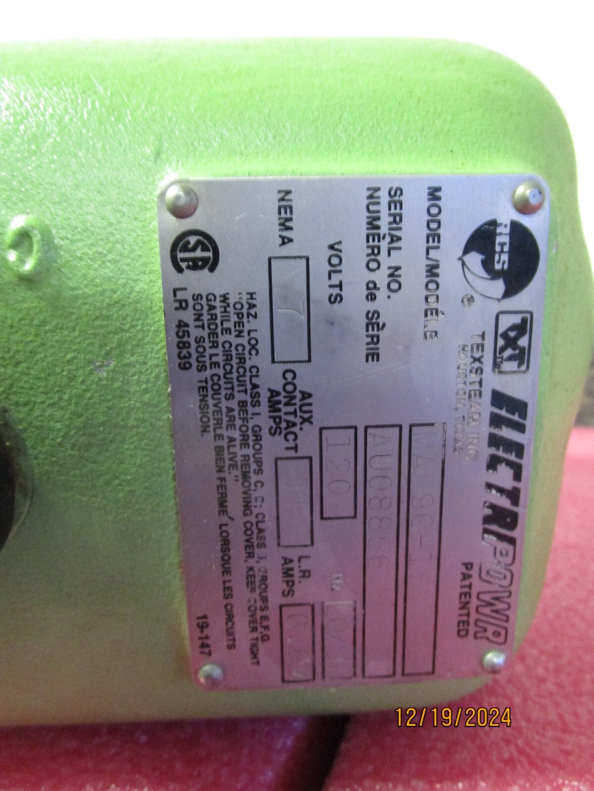 Texsteam RCS ElectriPowr Actuator MAR90-15 120V 50/60Hz NEMA7 15A