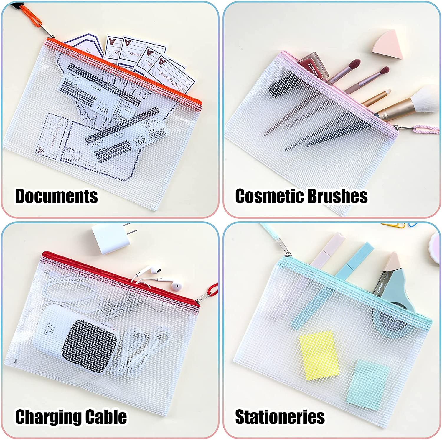 12Pcs Multi-Size Mesh Zipper Pouches, 6 Sizes, 12 Colors Waterproof