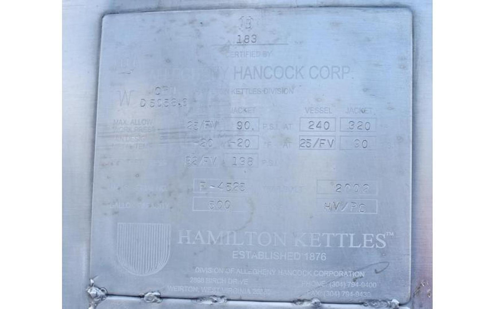 Used Hamilton 500 Gallon Jacketed Tank (Kettle), Full Vacuum / Evaporator