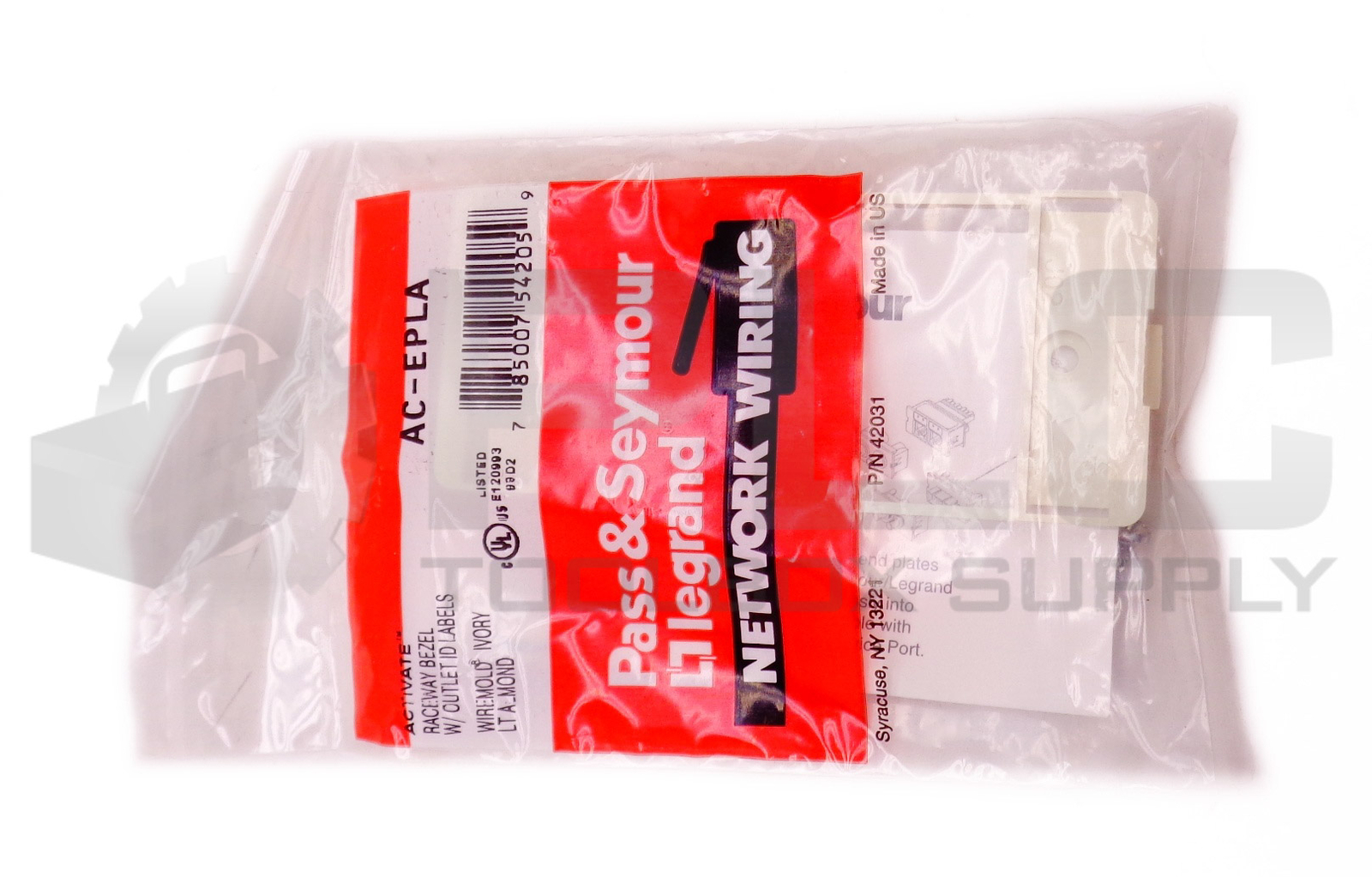 BOX OF 8 NEW PASS & SEYMOUR AC-EPLA RACEWAY BEZEL W/ OUTLET ID LABELS LT ALMOND