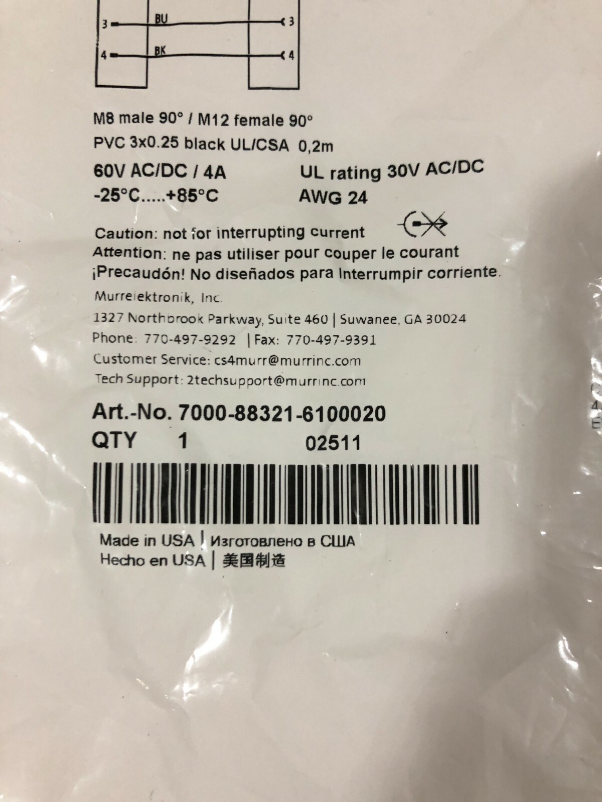 MurrElektronik – M8 Male/M12 Female – 7000-88321-6100200 – NEW