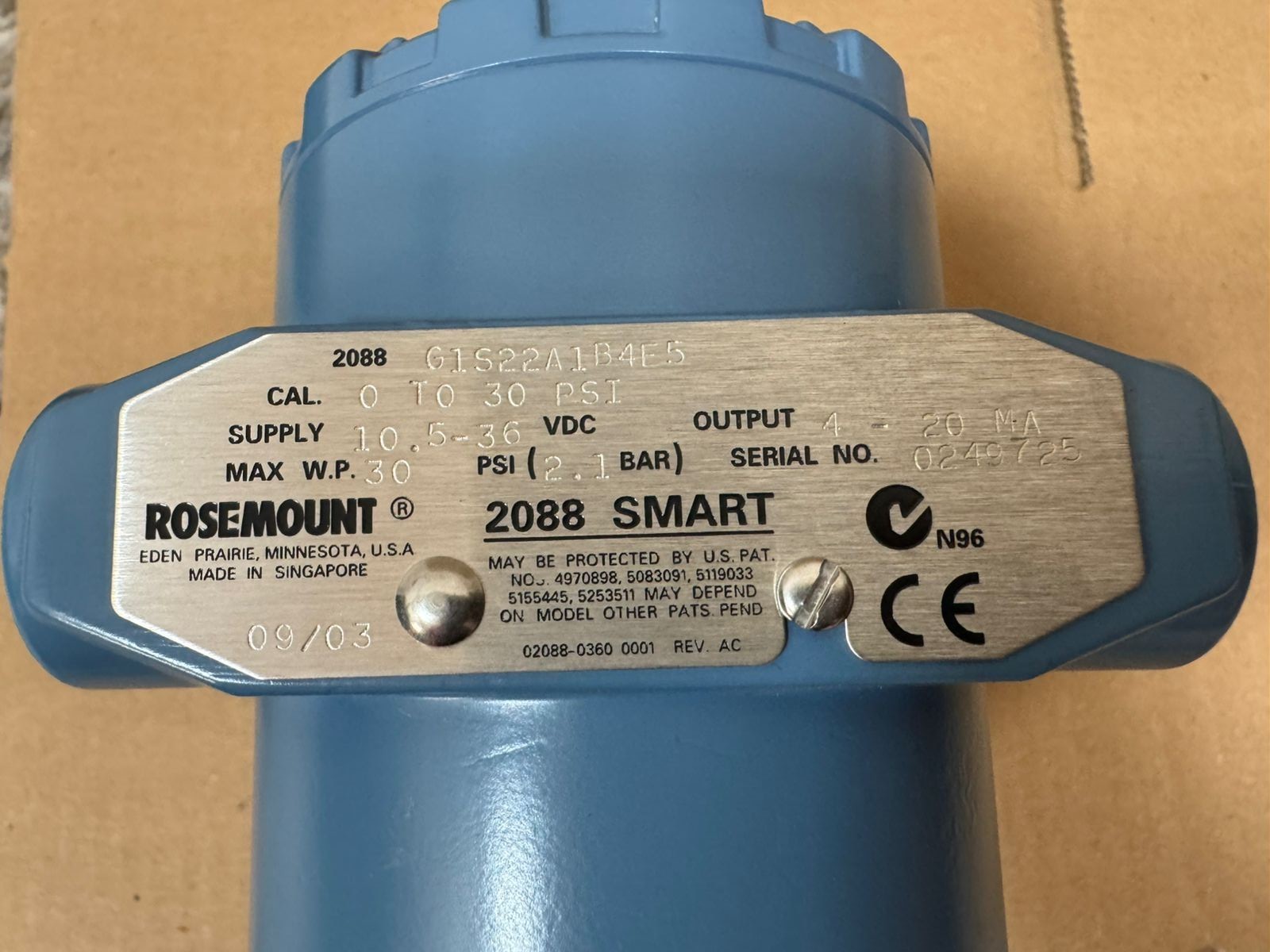Rosemount / Pressure Transmitter / 2088G1S22A1B4E5 / WP 30 PSI / CAL 0-30 PSI