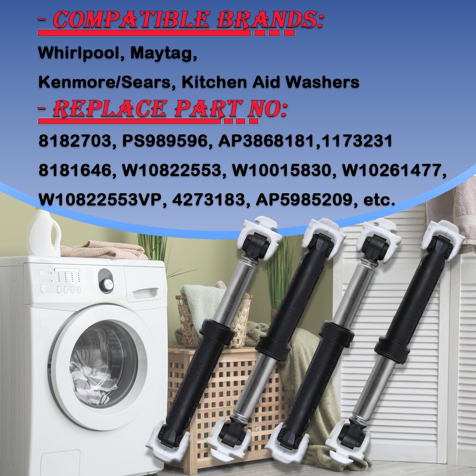 8182703 Washer Shock Absorbers 4 Pcs with Whirlpool, Maytag, Kenmore/Sears, K…