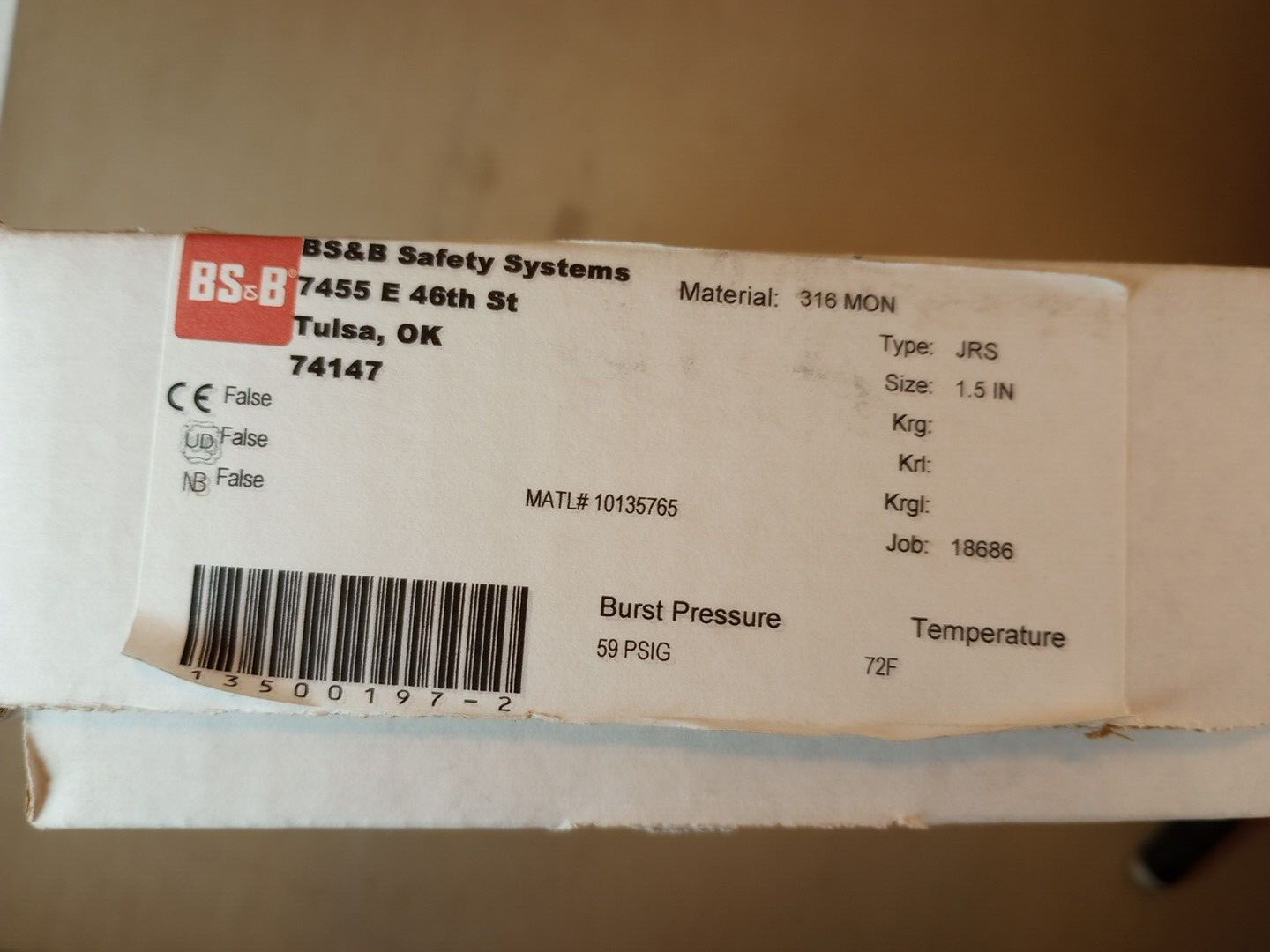BS&B Rupture Disk 1.5-Inch JRS 316 MON – 59psig 72F New