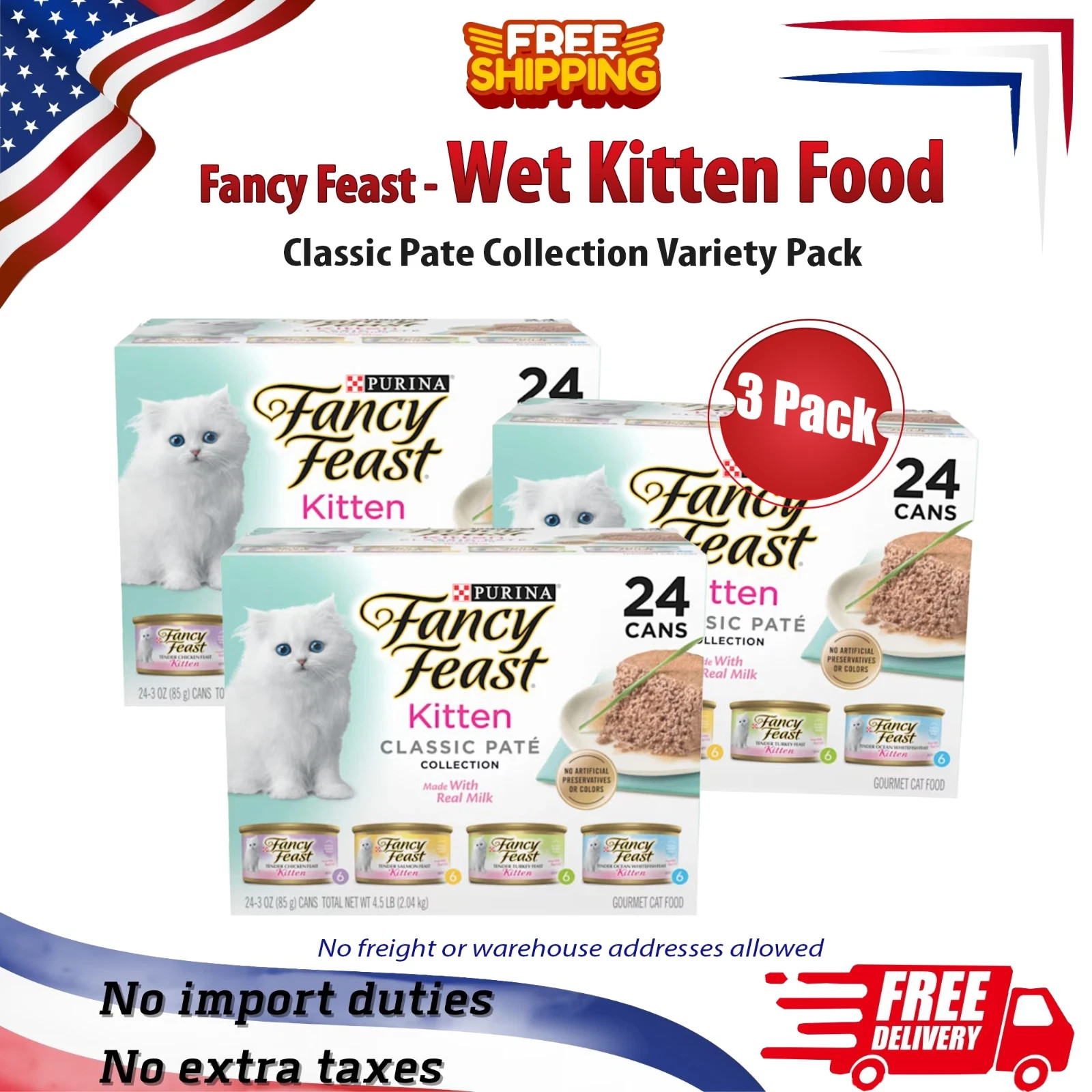 3 Pack Fancy Feast Kitten Grain Free Pate Wet Cat Food 3 oz 24 Ct Variety Pack