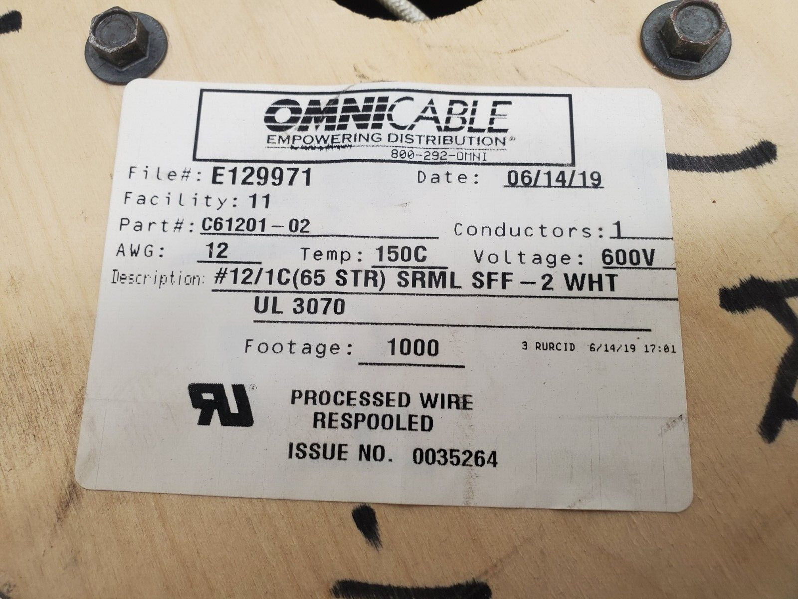 NEW OLD STOCK! OMNICABLE LBS 12AWG 600V WHITE CABLE SPOOL C61201-02