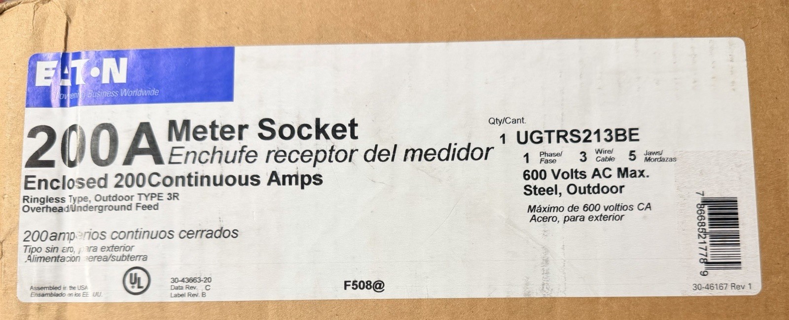 Eaton UGTRS213BE 3-Wire 1-Position Meter Socket, 600 VAC, 200 A, 1 Phase