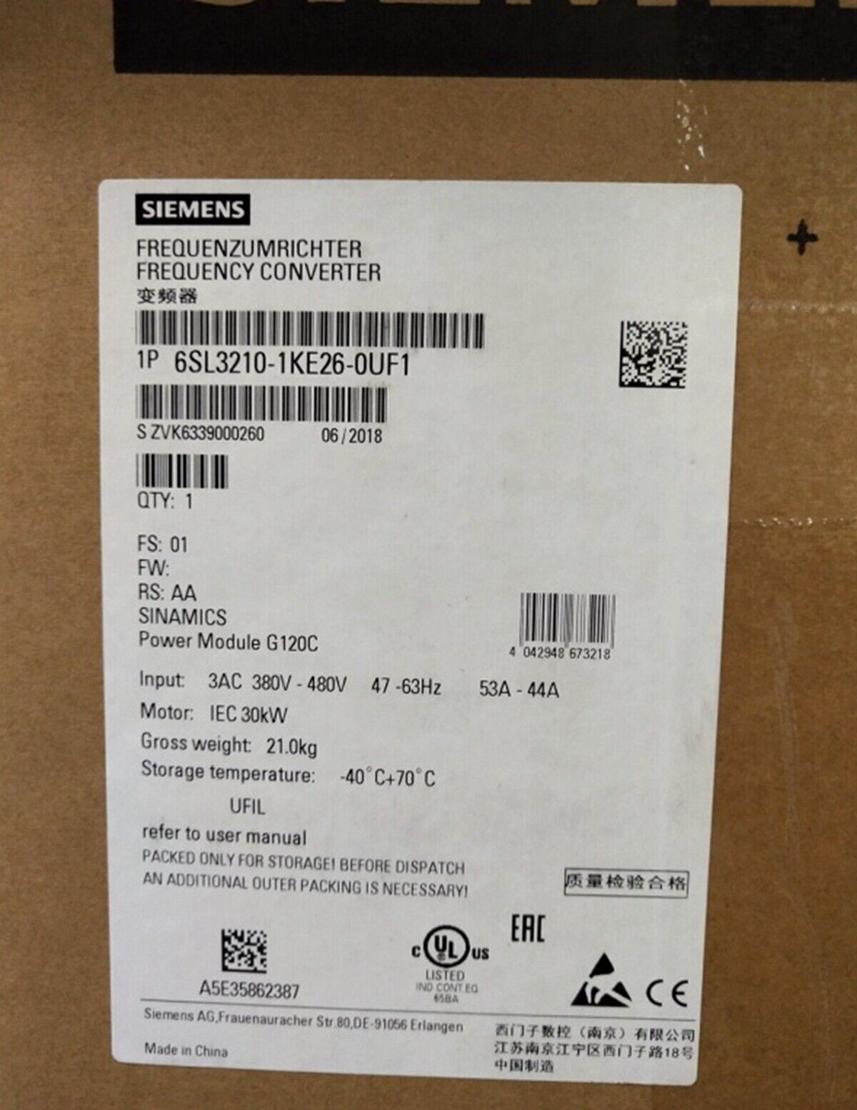 Siemens 6SL3210-1KE26-0UF1 Inverters 30KW 6SL3210-1KE26-0UF1 6SL32101KE260UF US