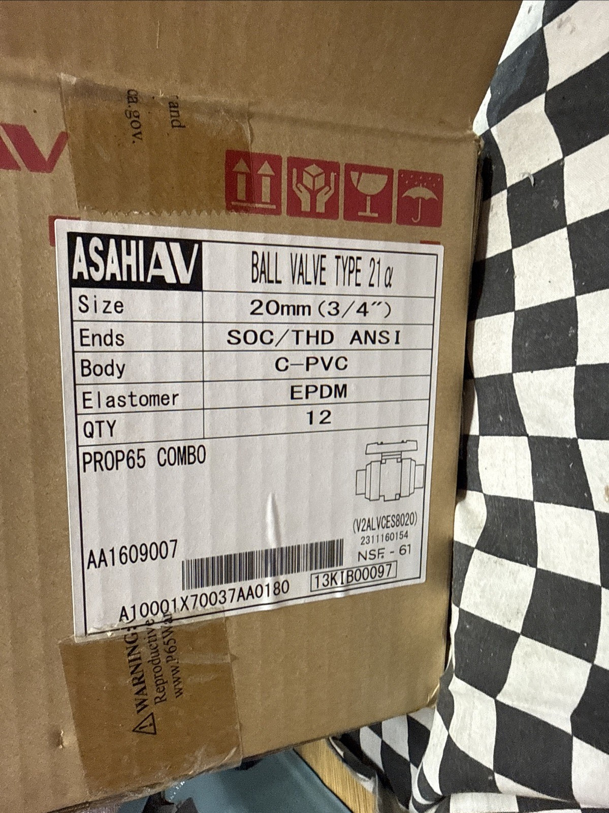 x12 ASAHI AA1609007, BALL VALVE TYPE 21, 3/4″ (20mm) SOC/THD ANSI, C-PVC, EPDM,