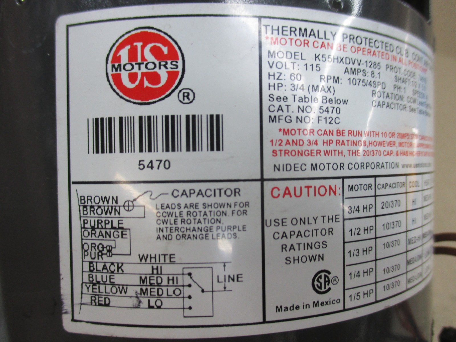 K55HXDVV-1285 US MOTOR ELECTRIC MOTOR 3/4HP