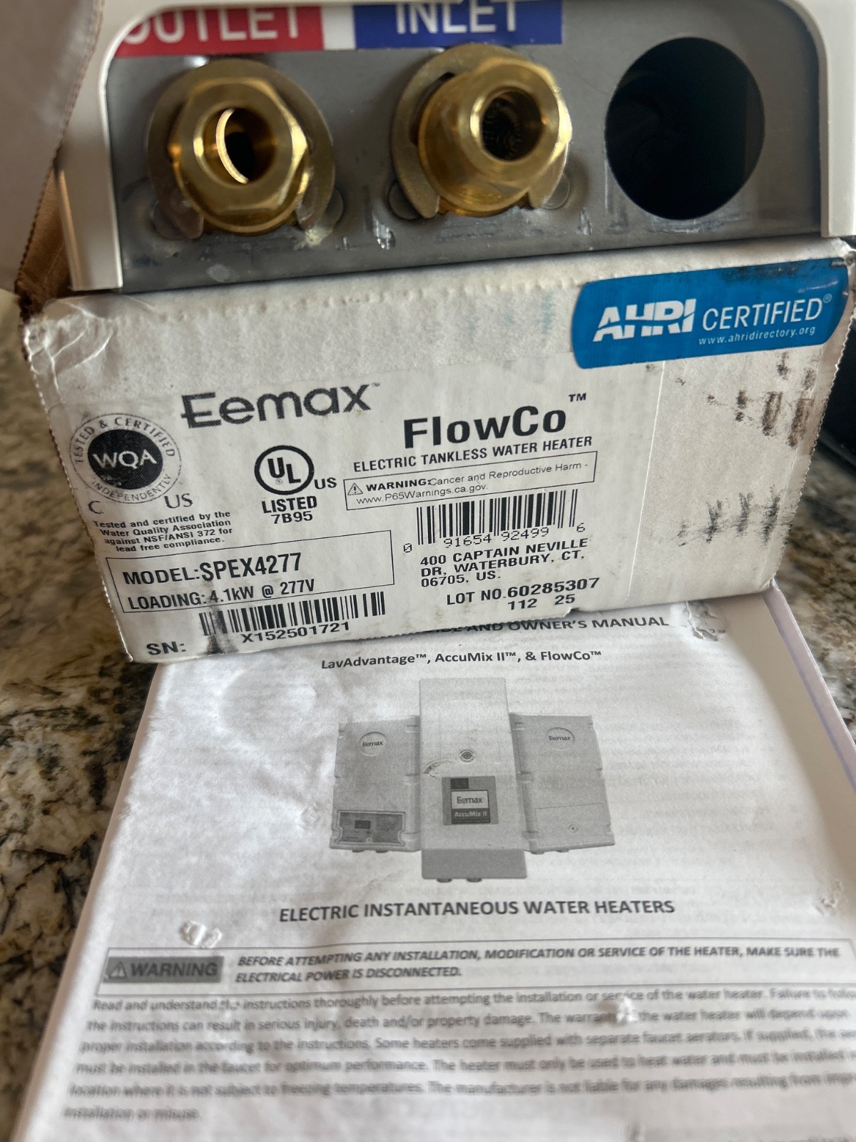 Eemax SPEX4277T FlowCo Tankless Point of Use Water Heater 4.1 kW 277V .04 gpm