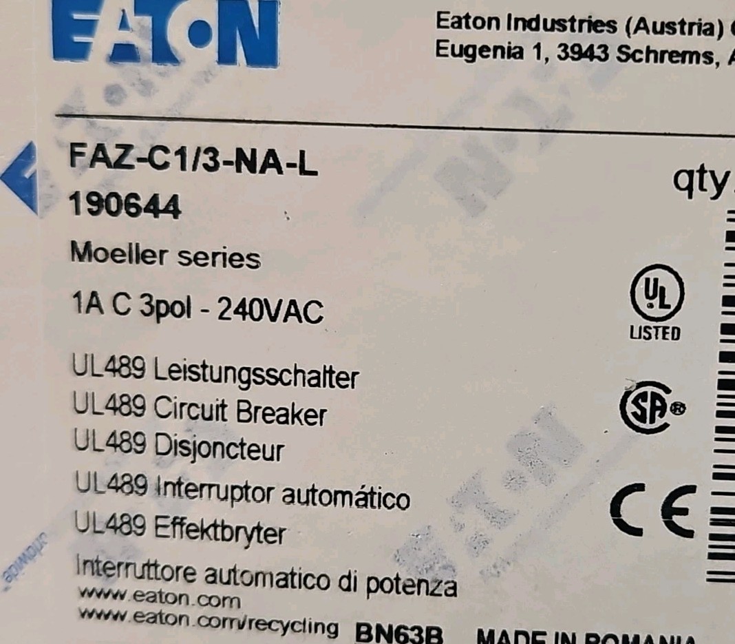 Eaton FAZ-C1/3-NA-L Circuit Breaker 1A 3P 240VAC Loc4C16