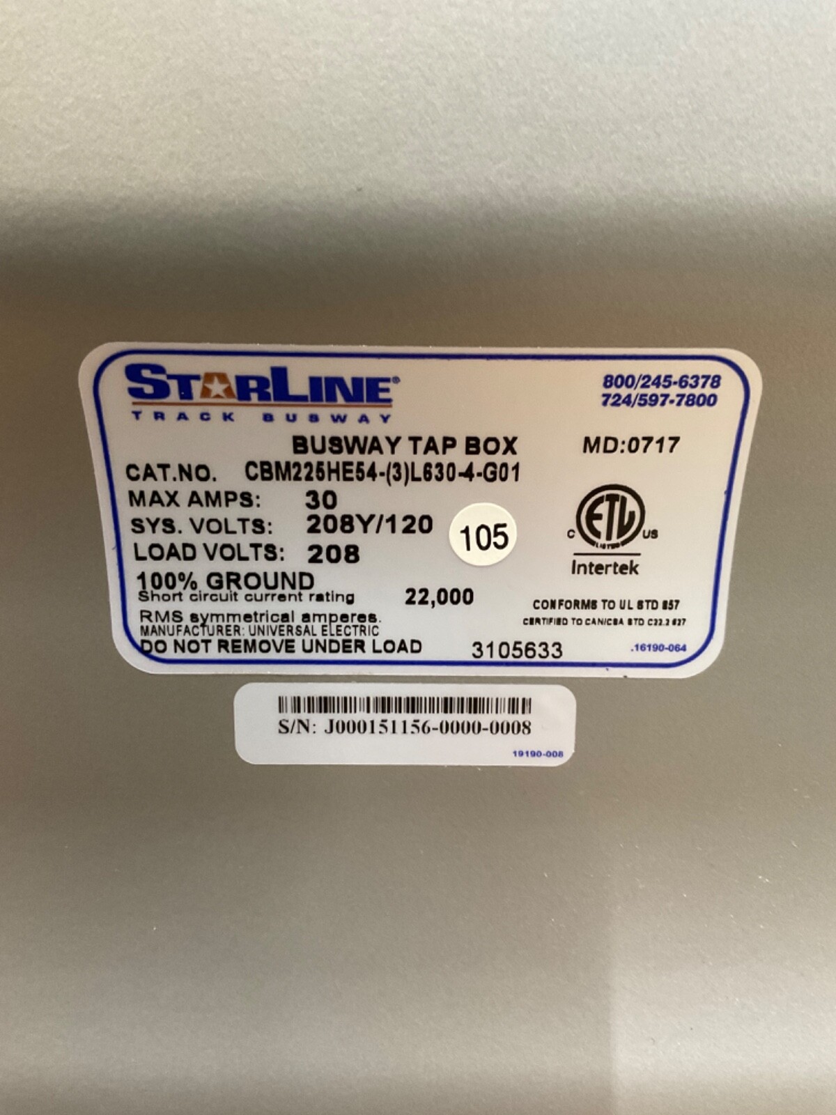 STARLINE CBM225HE54-(3)L630-4-G01 Busway Tap Box 30A 208V 3 Breaker 3 Receptacle