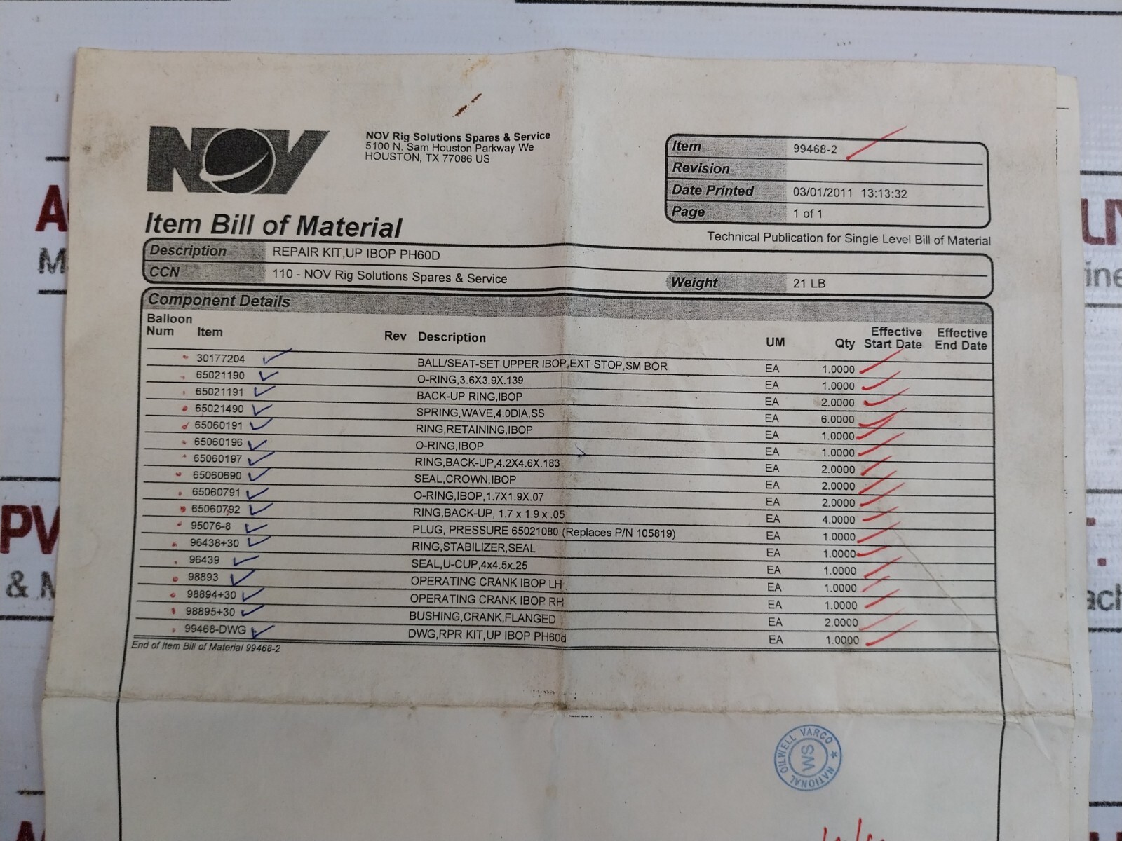 NOV 99468-2 UPPER&LOWER IBOP Repair Kit for Varco Top Drive