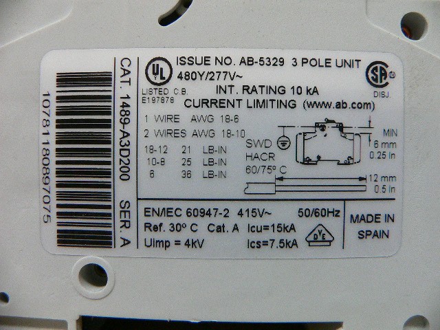 Allen Bradley 1489-A3d200 Industrial Circuit Breaker 3P 20A 480Y/277 Brand New