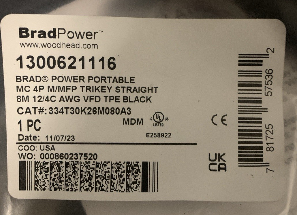 BRAD POWER 334T30K26M080A3 DOUBLE ENDED CORDSET 1300621116 **NEW**