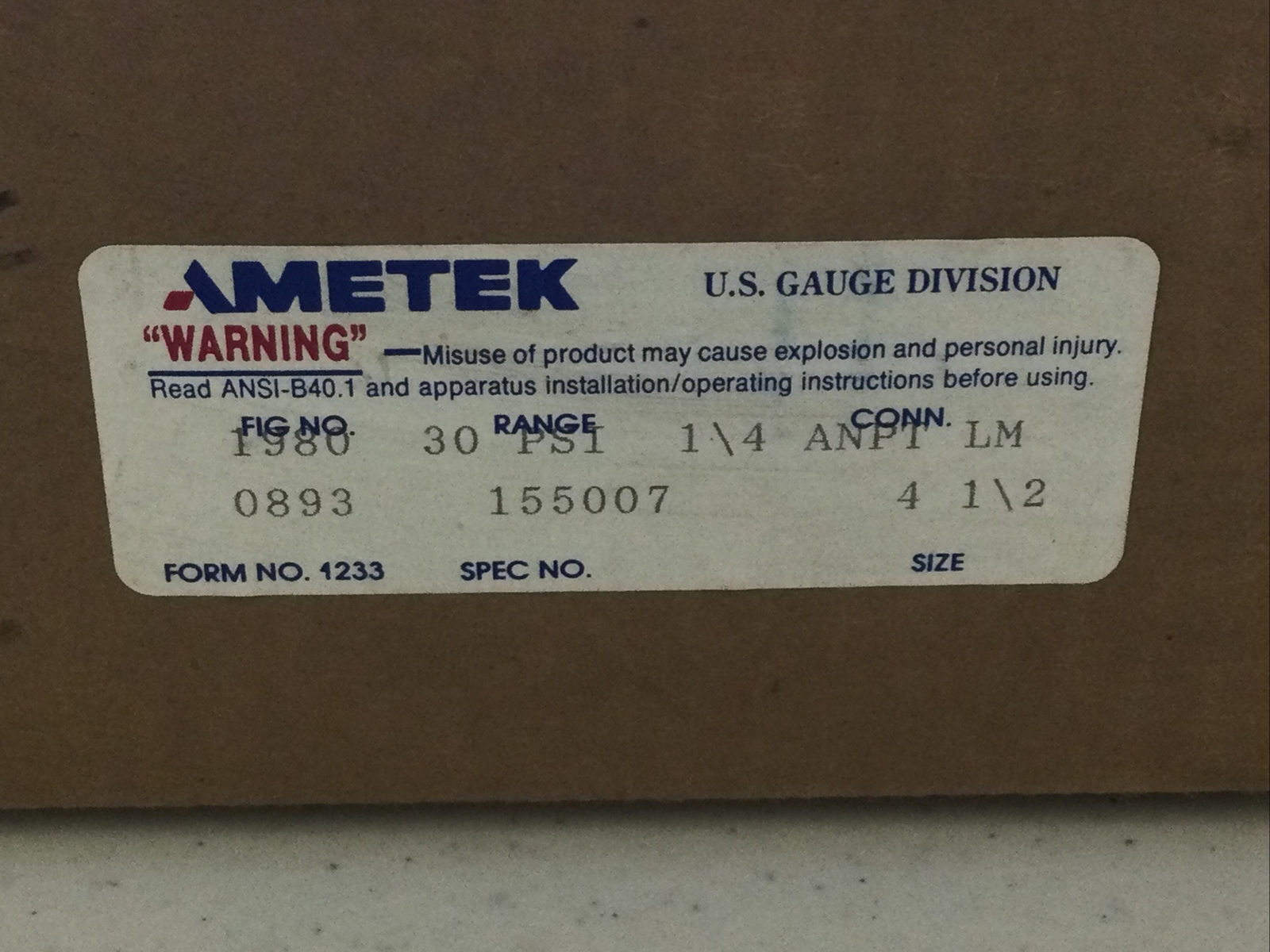 NEW AMTEK U.S. GAUGE, 1980, 155007, 30 PSI, 1/4” ANPT 4-1/2″ SIZE FREE SHIPPING
