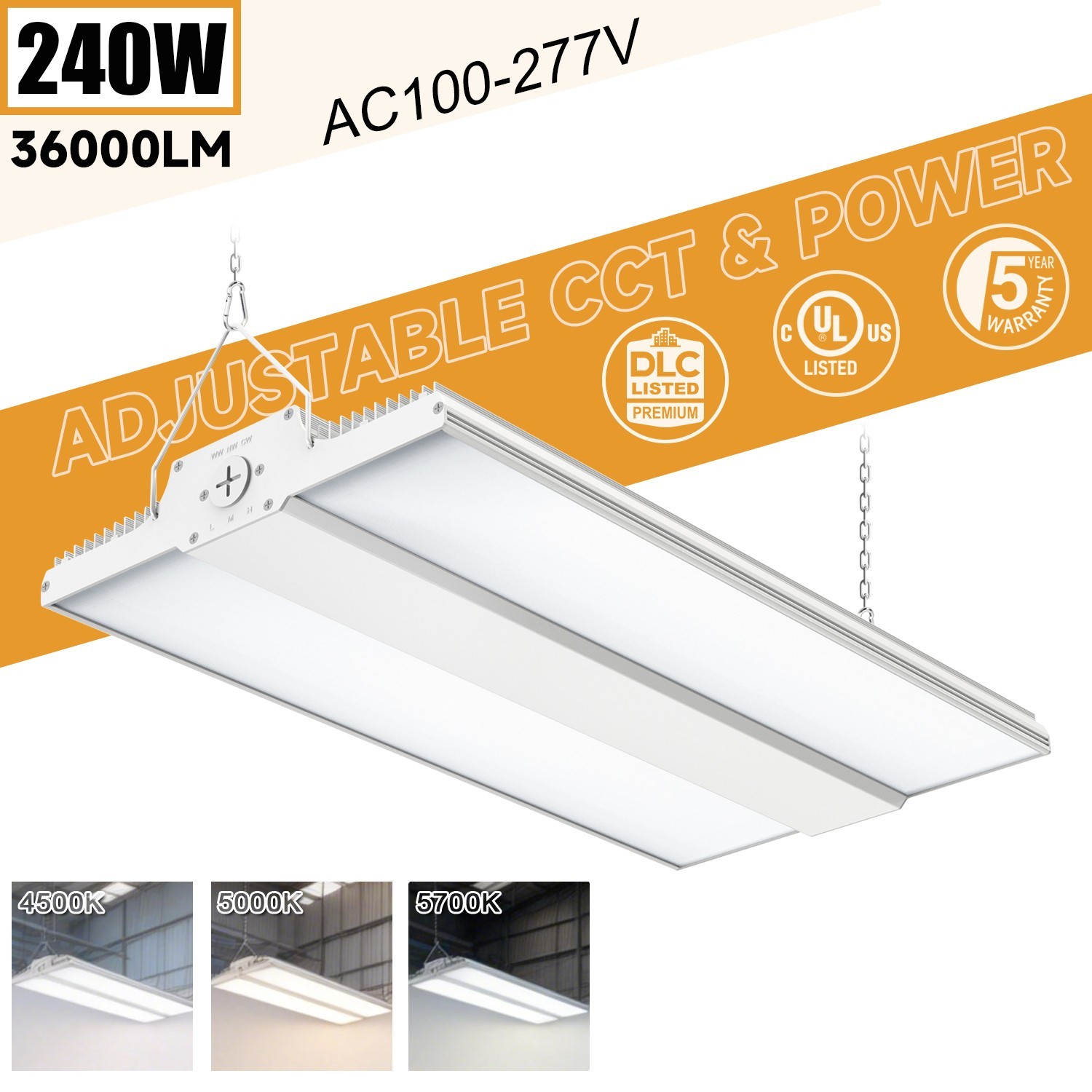 240W Linear LED High Bay Light 1.63FT Warehouse Shop Fixture 4500K/5000K/5700K